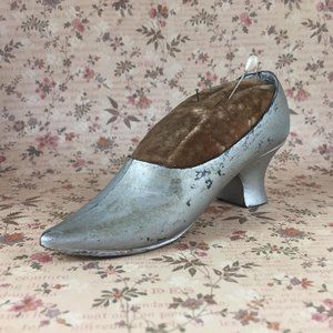 Antique Pin Cushion Metal Lady Shoe High Heel Velvet Cushion plus Pins as Found